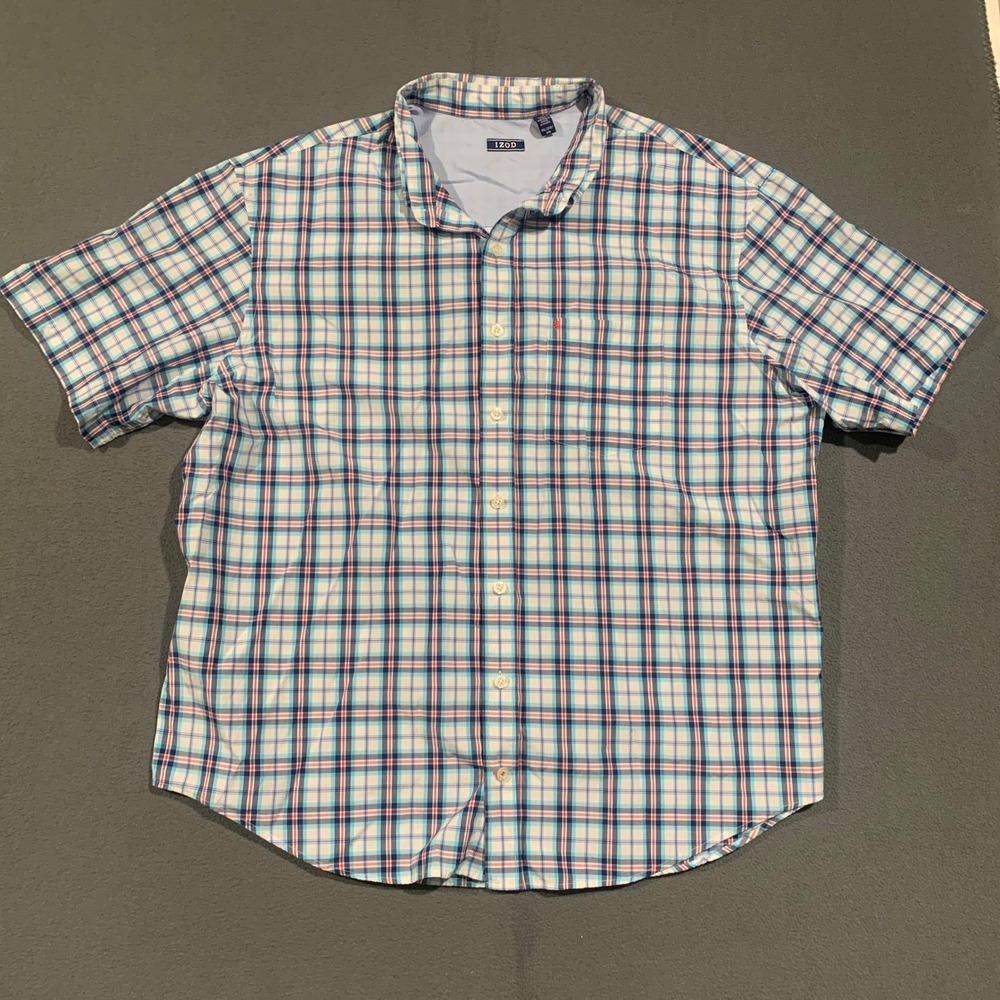 IZOD Button Down Shirt Mens 2XL Short Sleeve Plaid Blue Pink Casual Preppy